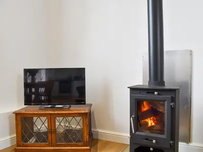a living room with a stove and a tv at Fallow Cottage - Uk33488 in Hadleigh