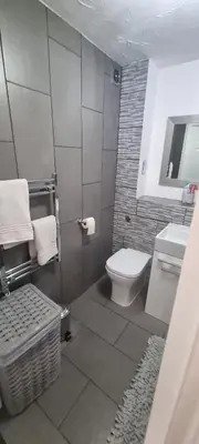 a small bathroom with a toilet and a sink at Elegant 2 BR Apartment in Historic Cambridge in Papworth Everard