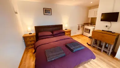 a bedroom with a bed with purple sheets and a television at Private Detached Annex in Isleham Village in Isleham