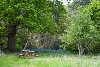 a wooden picnic table sitting in the middle of a field at Laundry Cottage in a Nature Reserve - Sunday Times 100 coolest Cottages in Farnham