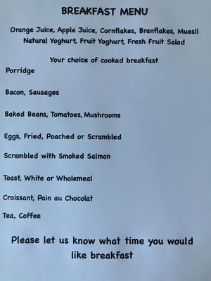 a page of a document with the words breakfast menu at Dragonfly Cottage, Rattlesden in Rattlesden