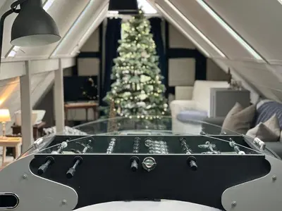 a guitar in a living room with a christmas tree at Charming Annexe in a rural setting in Newton