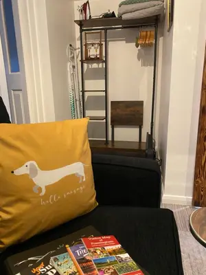 a yellow pillow with a dachshund on it at Self-contained, Framlingham Snug, Private Parking, no cooking facilities in Framlingham