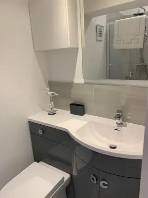 a bathroom with a sink and a toilet and a mirror at The old forge in Graveley