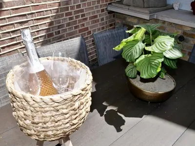 a basket and a potted plant on a patio at Executive Suite with Private HotTub, Full SkyTV in 600 Year Old Manor House in Saffron Walden