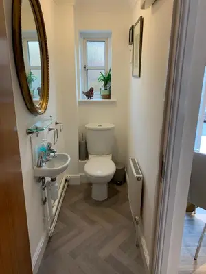 a bathroom with a toilet and a sink and a mirror at 10 St Edmundsbury Mews in Bury Saint Edmunds