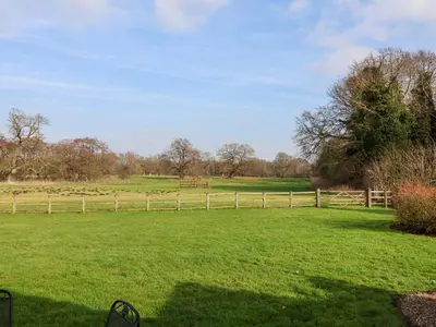 a field with a fence and green grass at Romulus in Roudham