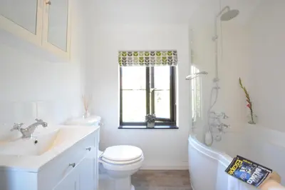 a bathroom with a sink and a toilet and a window at Pine Cottage in Woodbridge