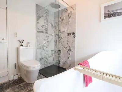 a bathroom with a toilet and a shower at 51 Tern Cottage, Aldeburgh in Aldeburgh