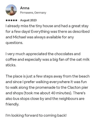 a screenshot of a text message about a tiny house at The Tiny Sea Gem in Jaywick Sands