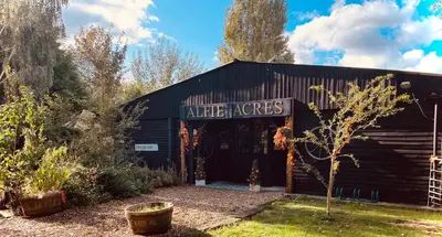 a black building with a sign that reads alive acres at Spacious Cabin with Private Hot Tub, and Private Pool, in 5 Acres - intimate Special stay For 2 Adults - plus 1 child under 2 and up to 2 dogs stay for free in Downham