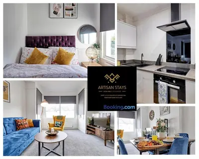 a collage of photos of a bedroom and a living room at Deluxe Apartment in Southend-On-Sea by Artisan Stays I Free Parking I Sleeps 4 in Southend-on-Sea