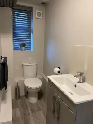 a white bathroom with a toilet and a sink at Pedlars Rest in Swaffham