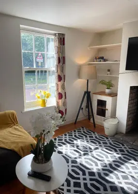 a living room with a vase of flowers on a table at Cosy Courtyard Cottage sleeps 4 with Log Burner, close to Cambridge in Cambridge
