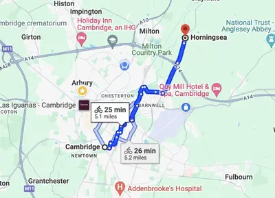 a map of the planned route of the cvs marathon at Cosy Courtyard Cottage sleeps 4 with Log Burner, close to Cambridge in Cambridge