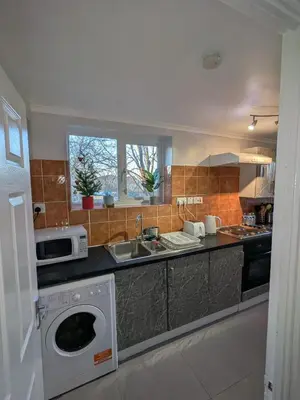a kitchen with a sink and a washing machine at A&A Apartment Basildon in Nevendon
