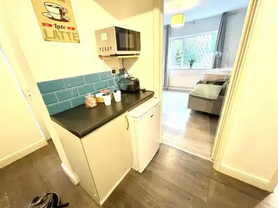 a small kitchen with a counter and a microwave at Serene and Cozy 1-Bedroom House with Parking in Cambridge