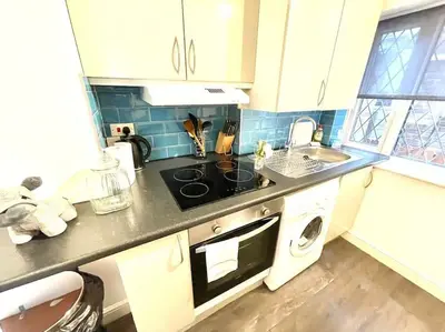 a kitchen with a sink and a stove top oven at Serene and Cozy 1-Bedroom House with Parking in Cambridge