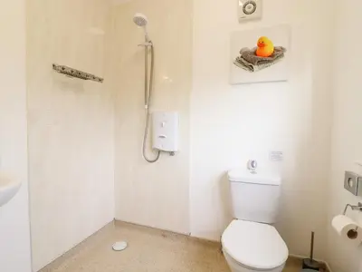 a bathroom with a shower with a toilet and a sink at Rector's Retreat in Ipswich