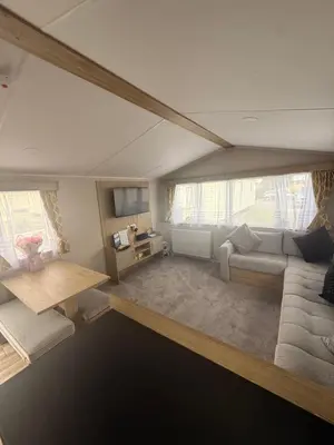 an overhead view of a living room with a couch at Serenity Holiday Home in Saint Osyth