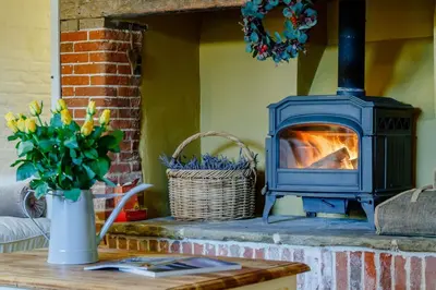 a fireplace in a living room with a vase of flowers at 5 Bed in Metfield oc-stfarm in Metfield