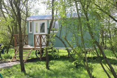 a tiny house in the middle of the trees at The Woodpecker shepherd hut in Elmswell